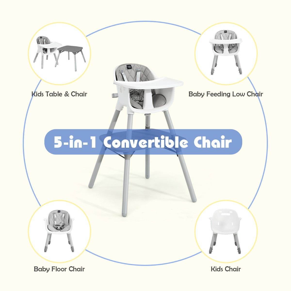 NNECW 5-in-1 Multifunctional Convertible Baby Highchair with Harness & Removable Tray-Grey