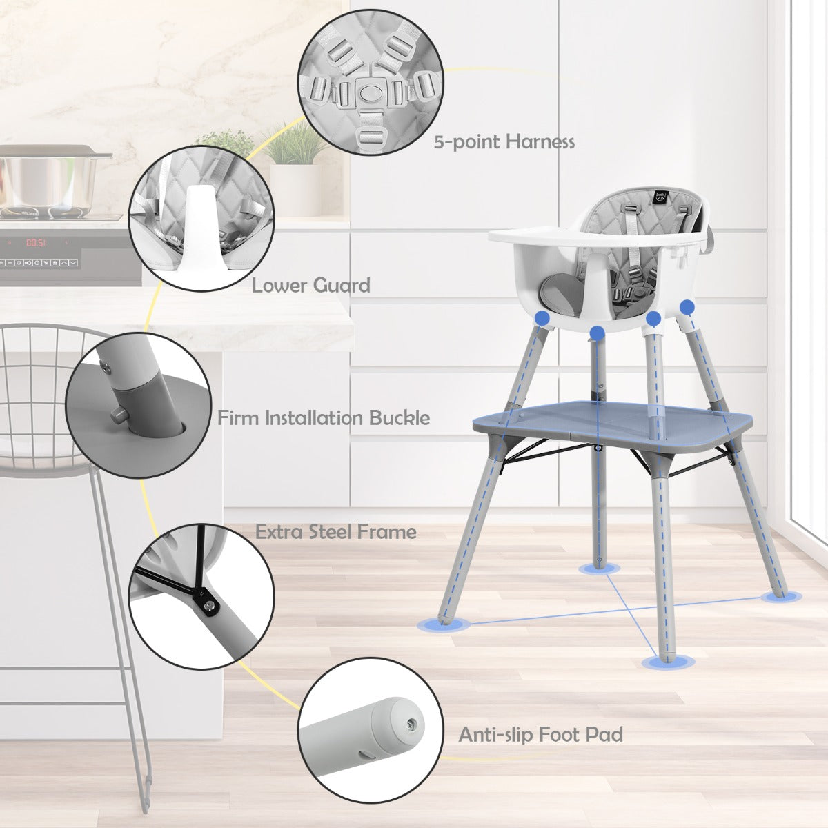 NNECW 5-in-1 Multifunctional Convertible Baby Highchair with Harness & Removable Tray-Grey